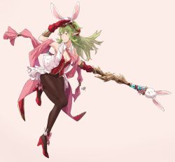 Rule 34 | 1girl, alternate costume, animal ears, bracelet, breasts, commentary, english commentary, fake animal ears, fire emblem, fire emblem awakening, gloves, green eyes, green hair, hair ribbon, highres, holding, holding staff, jewelry, large breasts, long hair, nintendo, pantyhose, pointy ears, ponytail, rabbit ears, ribbon, sakuremi, simple background, smile, solo, staff, tiara, tiki (adult) (fire emblem), tiki (fire emblem)