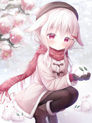 Rule 34 | 1girl, absurdres, albino, animal, animal ears, blush, boots, branch, check flower, child, coat, duffel coat, enpera, flower, fur-trimmed boots, fur-trimmed coat, fur-trimmed sleeves, fur trim, gloves, hair ornament, hairclip, hat, highres, holding, long hair, long sleeves, looking at viewer, original, outdoors, pantyhose, pink eyes, plaid, plaid scarf, plum blossoms, pom pom (clothes), rabbit, rabbit ears, rabbit girl, scarf, skirt, smile, snow, snow rabbit, snowflakes, snowing, solo, squatting, white hair, yuduki pdx