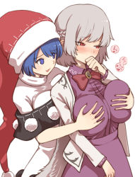Rule 34 | 2girls, :3, black capelet, blue eyes, blue hair, blush, bow, bowtie, braid, breasts, capelet, clenched hand, commentary request, cowboy shot, doremy sweet, dress, french braid, grabbing, grabbing another&#039;s breast, grabbing from behind, grey jacket, groping, hand to own mouth, hand up, hat, jacket, kishin sagume, large breasts, long sleeves, looking at another, multiple girls, nightcap, open clothes, open jacket, parted lips, pom pom (clothes), purple dress, red eyes, red hat, red neckwear, short hair, silver hair, simple background, smile, standing, touhou, turtleneck, urin, white dress, wing collar, yuri