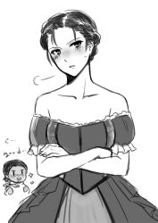 Rule 34 | 1boy, 1girl, asada ryou, assassin&#039;s creed: syndicate, assassin&#039;s creed (series), bare shoulders, blush, chibi, chibi inset, collarbone, dress, evie frye, freckles, greyscale, henry green, monochrome, short hair, sparkle