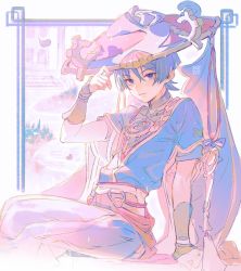 Rule 34 | 1boy, adjusting clothes, adjusting headwear, armor, blue hair, border, building, commentary, feet out of frame, genshin impact, hat, highres, ichimegasa, japanese armor, japanese clothes, jingasa, kanataria, looking at viewer, male focus, muted color, outdoors, pastel colors, scaramouche (genshin impact), sitting, solo