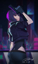 Rule 34 | 1girl, 2022, arm up, ass, black gloves, black jacket, black leotard, black pants, blurry, blurry background, closed mouth, cowboy shot, dated, ghost in the shell, ghost in the shell: sac 2045, gloves, gun, handgun, highleg, highleg leotard, highres, holding, holding gun, holding weapon, jacket, kusanagi motoko, leotard, leotard under clothes, night, open clothes, open jacket, outdoors, pants, purple eyes, purple hair, red lips, short hair, short sleeves, signature, solo, standing, straight hair, veve777art, weapon