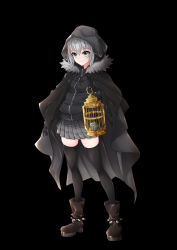 Rule 34 | 1girl, absurdres, aqua eyes, black background, black gloves, black thighhighs, boots, cage, cloak, fate (series), gloves, gray (fate), grey hair, hair between eyes, highres, holding, holding cage, hood, hood up, jacket, lord el-melloi ii case files, miying (13975192760), pleated skirt, skirt, solo, thighhighs, track jacket