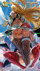 Rule 34 | 2girls, artist name, ass, ass focus, bare shoulders, blonde hair, blue sky, breasts, circlet, cloud, elbow gloves, female focus, from behind, from below, gloves, large breasts, leotard, long hair, miniskirt, multiple girls, mythra (xenoblade), nintendo, patreon username, pyra (xenoblade), red eyes, red hair, sakimichan, shiny clothes, shiny skin, sideboob, signature, skirt, sky, solo, squatting, super smash bros., sword, thigh strap, thighhighs, underwear, very long hair, watermark, weapon, web address, white gloves, xenoblade chronicles (series), xenoblade chronicles 2
