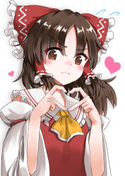 Rule 34 | 1girl, absurdres, ascot, bare shoulders, bow, brown hair, collared vest, commentary request, detached sleeves, frilled bow, frills, hair bow, hair tubes, hakurei reimu, heart, heart hands, highres, kabi killer, long sleeves, medium hair, red bow, red vest, sidelocks, simple background, touhou, upper body, v-shaped eyebrows, vest, white background, white sleeves, yellow ascot