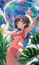 Rule 34 | 1girl, :o, absurdres, arms up, black hair, blue sky, breasts, brown eyes, cleavage, clothing cutout, cloud, day, earrings, gluteal fold, highres, holding, holding swim ring, idolmaster, idolmaster shiny colors, innertube, jewelry, joey koguma, long hair, looking at viewer, mayuzumi fuyuko, medium breasts, one-piece swimsuit, outdoors, pink one-piece swimsuit, sky, solo, sun, sunlight, swim ring, swimsuit, thighs