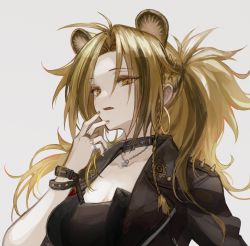 1girl animal_ears arknights black_choker black_jacket brown_eyes brown_hair choker commentary earrings fang grey_background hand_up highres hoop_earrings jacket jewelry lion_ears long_hair looking_at_viewer nail_polish open_mouth siege_(arknights) simple_background solo spacelongcat upper_body