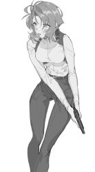 Rule 34 | 1girl, bad id, bad twitter id, breasts, greyscale, gun, gunsmith cats, holding, holding gun, holding weapon, looking up, medium breasts, medium hair, monochrome, rally vincent, running, solo, suiso (owp), thigh gap, weapon, white background