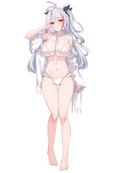 Rule 34 | 1girl, absurdres, animal ear fluff, animal ears, antenna hair, azur lane, bikini, black ribbon, blush stickers, breasts, chibi, chibi inset, cleavage, closed mouth, cosplay, feet out of frame, grey hair, groin, hair ribbon, hand up, highres, jacket, large breasts, long hair, long sleeves, looking at viewer, moyoron, multicolored hair, navel, official alternate costume, parted bangs, prinz eugen (azur lane), red hair, ribbon, shinano (azur lane), shinano (azur lane) (cosplay), shinano (dreamy white sands) (azur lane), sideboob, simple background, sleeves past wrists, smile, solo, standing, stomach, streaked hair, swimsuit, tail, thigh gap, two side up, underboob, very long hair, white background, white bikini, white jacket, wide sleeves