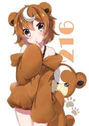 Rule 34 | 1girl, :o, animal ears, animal hands, bare shoulders, bear, bear ears, bear tail, blush, brown hair, brown theme, creatures (company), crescent, crescent hair ornament, crescent moon, game freak, gen 2 pokemon, grey eyes, hair ornament, hairpin, highres, humanization, long sleeves, looking at viewer, moemon, moon, nintendo, paw print, personification, pokedex number, pokemon, pokemon (creature), simple background, tail, takeshima eku, teddiursa, white background