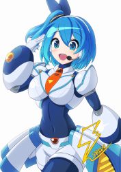 Rule 34 | android, armor, blue bodysuit, blue eyes, blue hair, bodysuit, breasts, headset, highres, joints, mega man (series), mega man x (series), mega man x dive, open mouth, rico (mega man), robot, robot joints, salute, short hair, side ponytail, smile, teeth, upper teeth only