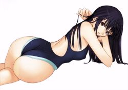 Rule 34 | 1girl, absurdres, ass, blue one-piece swimsuit, from behind, highres, huge ass, long hair, looking at viewer, misaki shizuno, one-piece swimsuit, scan, simple background, solo, swimsuit, tony taka, white background, zegapain