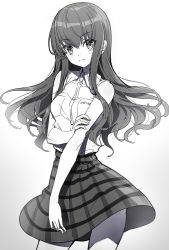 Rule 34 | 10s, 1girl, bare arms, bare shoulders, blush, breasts, collared shirt, cowboy shot, fate/extra, fate (series), gradient background, grey background, greyscale, hair between eyes, head tilt, kishinami hakuno (female), long hair, medium breasts, monochrome, parted lips, plaid, plaid skirt, ririko (zhuoyandesailaer), shirt, skirt, sleeveless, sleeveless shirt, smile, solo, v-shaped eyebrows, very long hair, white background