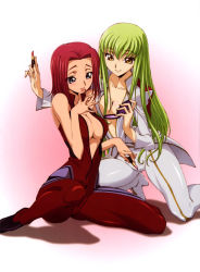 Rule 34 | 00s, 2girls, :d, absurdres, blue eyes, blush, body blush, bodysuit, breasts, c.c., cleavage, code geass, compact (cosmetics), cosmetics, green hair, high heels, highres, kouzuki kallen, kneeling, lipstick, lipstick tube, long hair, looking at viewer, makeup, multiple girls, no bra, official art, open clothes, open mouth, open shirt, pinky out, red hair, shadow, shirt, shoes, short hair, sitting, skin tight, sleeveless, smile, spread legs, tabata hisayuki, very long hair, yellow eyes