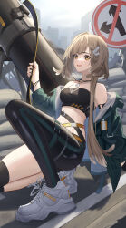Rule 34 | 1girl, :d, absurdres, arknights, asymmetrical clothes, bandeau, bare shoulders, belt, black bandeau, black pants, breasts, brown hair, commentary, dog tags, fire whistle (arknights), green jacket, hair ornament, hairclip, highres, jacket, leggings, long hair, looking at viewer, medium breasts, midriff, off shoulder, open clothes, open jacket, open mouth, pants, shoes, single pantsleg, smile, sneakers, solo, stomach, strapless, tube top, very long hair, white footwear, xian shui chang chong, yellow eyes