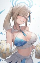 Rule 34 | 1girl, absurdres, alternate costume, asuna (blue archive), blue archive, blue eyes, blue halo, blush, breasts, cheerleader, cleavage, commentary, confetti, hair over one eye, halo, highres, holding, holding pom poms, jun daniell, light brown hair, long hair, looking at viewer, midriff, millennium cheerleader outfit (blue archive), mole, mole on breast, navel, parted bangs, pom pom (cheerleading), pom poms, simple background, skindentation, smile, solo, very long hair, white background