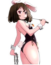 Rule 34 | 1girl, alternate costume, animal ears, ass, bare arms, bare legs, bare shoulders, black leotard, breasts, brown hair, carrot necklace, chain, dominatrix, from side, inaba tewi, leotard, looking at viewer, necklace, playboy bunny, rabbit ears, rabbit girl, rabbit tail, red eyes, riding crop, simple background, small breasts, solo, standing, strapless, strapless leotard, tail, torso (hjk098), touhou, whip, white background, wrist cuffs