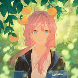 Rule 34 | 1girl, ahoge, arknights, black jacket, blue eyes, blue jacket, blue poison (arknights), collared shirt, dress shirt, foliage, food, fruit, highres, jacket, leaf, long hair, looking at viewer, mandarin orange, multicolored jacket, open mouth, pink hair, saphire, shirt, signature, solo, twintails, two-tone jacket, upper body, white shirt