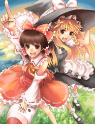 Rule 34 | 2girls, arm up, blonde hair, bow, brown hair, detached sleeves, female focus, flying, from above, hair bow, hakurei reimu, hand on headwear, hat, highres, japanese clothes, kirisame marisa, miko, mimi-chan, multiple girls, open mouth, pointing, pointing up, smile, touhou, touhou (pc-98), witch, witch hat, yakusa