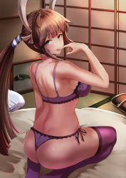 Rule 34 | absurdres, ass, bed, blue eyes, blush, bra, breasts, brown hair, closed mouth, creatures (company), finger to mouth, game freak, hair ornament, heroine (pokemon conquest), highres, hip focus, jojobirdz, lace, lace-trimmed bra, lace-trimmed panties, lace trim, large breasts, legs, lingerie, long hair, looking at viewer, multicolored hair, nintendo, panties, pokemon, pokemon conquest, ponytail, purple bra, purple legwear, purple panties, side-tie panties, sideboob, sideways glance, smile, underwear, very long hair