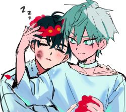 2boys 7eiaq3939 alien_stage aqua_eyes black_hair bruise bruise_on_face choker closed_eyes fang flower grey_hair head_wreath highres holding holding_flower injury ivan_(alien_stage) long_sleeves male_focus multiple_boys neck_tattoo red_flower shirt short_hair simple_background sleeping tattoo till_(alien_stage) very_short_hair white_background white_choker white_shirt zzz