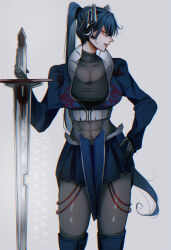 Rule 34 | 1girl, abs, absurdres, blue eyes, blue hair, blue jacket, blue skirt, blue thighhighs, bodystocking, boots, breasts, character name, copyright name, covered navel, cropped jacket, genderswap, genderswap (mtf), gloves, grey background, grey gloves, highres, holding, holding sword, holding weapon, humanization, jacket, long hair, medium breasts, nakai111, optimus prime, ponytail, simple background, skirt, solo, sword, thigh boots, thighhighs, transformers, transformers: the last knight, transformers (live action), very long hair, weapon