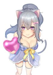 Rule 34 | 1girl, aimori meguru, animal ears, babydoll, bad id, bad pixiv id, balloon, bare shoulders, blue babydoll, blue panties, bow, breasts, cat ears, cat girl, cat tail, cleavage, closed mouth, feet out of frame, floating hair, from above, grey hair, hair between eyes, hair bow, heart, heart balloon, holding, lace, lace-trimmed legwear, lace-trimmed panties, lace trim, lingerie, long hair, looking at viewer, medium breasts, original, panties, pink bow, ponytail, purple eyes, ribbon, sanpaku, sidelocks, simple background, smile, solo, stomach, tail, thighhighs, underwear, white background, white thighhighs, yellow ribbon