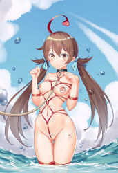 Rule 34 | 1girl, absurdres, ahoge, animal collar, bdsm, blue sky, blush, bondage, bound, breasts, brown eyes, brown hair, character request, cleft of venus, collar, cowboy shot, day, dripping, dyed ahoge, female pubic hair, hair ribbon, highres, leash, long hair, medium breasts, navel, nipple piercing, nipple rings, nipples, nude, on water, piercing, pubic hair, pussy, ribbon, shibari, sky, slave, solo, twintails, uncensored, very long hair, virtual youtuber, wedgie, xiaoxi0619