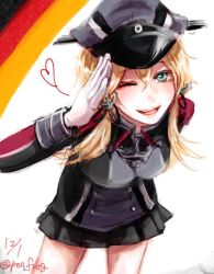Rule 34 | 10s, 1girl, anchor hair ornament, blonde hair, gloves, green eyes, hair ornament, hat, heart, kantai collection, kuchinashi (pea frog), kuchinashi (rapido), microskirt, military, military hat, military uniform, one eye closed, prinz eugen (kancolle), salute, skirt, solo, twintails, twitter username, uniform, wink