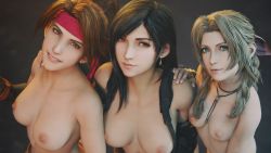 Rule 34 | 3d, 3girls, absurdres, aerith gainsborough, artist name, black hair, bow, breasts, brown eyes, brown hair, closed mouth, earrings, eyelashes, female focus, final fantasy, final fantasy vii, final fantasy vii remake, gloves, green eyes, hand on another&#039;s shoulder, headband, highres, jessie rasberry, jewelry, large breasts, looking at viewer, multiple girls, necklace, nipples, parted bangs, parted lips, pink bow, pink ribbon, red eyes, red headband, red headwear, ribbon, smile, square enix, suspenders, tayra, teeth, tifa lockhart, topless, upper teeth only