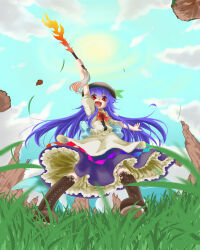 Rule 34 | 1girl, :d, arm up, black headwear, blue hair, blue sky, boots, bow, bowtie, brown footwear, cloud, commentary request, cross-laced footwear, flat chest, from below, full body, grass, highres, hinanawi tenshi, holding, holding sword, holding weapon, iwaserie, leaf, long hair, looking at viewer, open mouth, outdoors, petticoat, puffy short sleeves, puffy sleeves, purple skirt, rainbow gradient, red bow, red bowtie, red eyes, rock, shirt, short sleeves, skirt, sky, smile, solo, sun, sword, sword of hisou, touhou, very long hair, weapon, white shirt