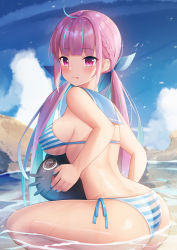 Rule 34 | 1girl, :p, absurdres, ahoge, ass, back, beach, bikini, blue hair, blue sailor collar, blue sky, blunt bangs, braid, breasts, cloud, colored inner hair, covered erect nipples, day, hair ribbon, highres, hololive, inflatable toy, large breasts, long hair, looking at viewer, milk box (leoleo963852741), minato aqua, minato aqua (hololive summer 2019), multicolored hair, nail polish, outdoors, partially submerged, purple eyes, purple hair, ribbon, sailor collar, side-tie bikini bottom, sideboob, sitting, sky, smile, solo, streaked hair, string bikini, striped bikini, striped clothes, swimsuit, thighs, tongue, tongue out, twintails, two-tone hair, very long hair, virtual youtuber, wariza, wet