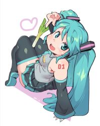 Rule 34 | 1girl, aqua eyes, aqua hair, aqua nails, arm support, bare shoulders, blush, breasts, dated, detached sleeves, full body, hatsune miku, heart, highres, long hair, long sleeves, looking at viewer, medium breasts, microphone, miniskirt, necktie, open mouth, pink background, pleated skirt, sanjiro (tenshin anman), shoulder tattoo, sidelocks, simple background, sitting, skirt, sleeveless, solo, spring onion, tattoo, thick thighs, thighhighs, thighs, twintails, v, vocaloid, white background, zettai ryouiki
