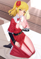 Rule 34 | 1girl, anulis (astlibra), astlibra, belt, belt buckle, black belt, black pantyhose, blonde hair, blush, bow, bowtie, breasts, buckle, commentary request, dress, flower, full body, hair flower, hair ornament, hand up, highres, indoors, layered sleeves, long hair, long sleeves, looking at viewer, medium breasts, pantyhose, parted lips, red bow, red bowtie, red dress, red eyes, red flower, revision, ririko (zhuoyandesailaer), seiza, short over long sleeves, short sleeves, sitting, solo