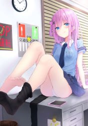 Rule 34 | 1girl, :q, ass, bare legs, barefoot, black thighhighs, window blinds, blue eyes, blue shirt, blue skirt, blush, breasts, cellphone, clock, closed mouth, collared shirt, commentary request, desk, foot focus, hair ornament, hairclip, heart, heart hair ornament, highres, kouda suzu, no shoes, on desk, one side up, original, panties, phone, pink hair, pleated skirt, police, police uniform, policewoman, shirt, short sleeves, single thighhigh, sitting, on desk, skirt, small breasts, smile, soles, solo, thighhighs, thighhighs pull, unworn thighhighs, thighs, tongue, tongue out, underwear, uniform, wall clock, white panties, window