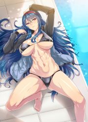 Rule 34 | 1girl, abs, absurdres, ban! (bansankan), bare legs, barefoot, bikini, black bikini, blue hair, breasts, closed mouth, from above, gakuen taisen valkyries, glasses, hairband, highres, jacket, large breasts, light smile, long hair, long sleeves, looking at viewer, lying, muscular, muscular female, navel, on back, open clothes, open jacket, pink eyes, print bikini, rei no pool, rimless eyewear, sabra greengold, solo, spread legs, stomach, swimsuit, toned, very long hair