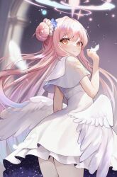 Rule 34 | 1girl, aria (ariacue), blue archive, capelet, highres, long hair, looking at viewer, mika (blue archive), pink hair, sitting, smile, solo, wings, yellow eyes