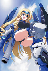 Rule 34 | 10s, 1girl, ass, blonde hair, blue eyes, blue tears, blush, bodysuit, breasts, c.r., cecilia alcott, covered erect nipples, gun, hairband, infinite stratos, large breasts, leotard, long hair, open mouth, pilot suit, solo, weapon