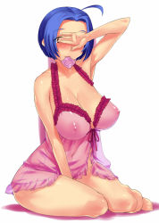 Rule 34 | 10s, 1girl, ahoge, armpits, bad id, bad pixiv id, between thighs, blue hair, blush, breasts, cleavage, condom, condom in mouth, covered erect nipples, covering privates, covering face, covering own eyes, huge breasts, idolmaster, idolmaster (classic), idolmaster 2, lingerie, miura azusa, mouth hold, nightgown, oohara kyuutarou, see-through, short hair, simple background, sitting, smile, solo, thighs, underwear, yokozuwari