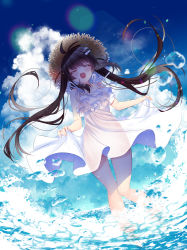 1girl absurdres bare_arms blush brown_hair clothes_lift cloud cloudy_sky day dress dress_lift closed_eyes facing_viewer fang hair_between_eyes hair_ornament hairclip hano_haruka hat highres light_particles long_hair ocean open_mouth original skin_fang sky sleeveless sleeveless_dress solo straw_hat sundress twintails very_long_hair wading water_drop white_dress