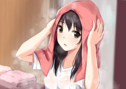 Rule 34 | 1girl, arms up, black eyes, black hair, blush, breasts, brown eyes, collarbone, drying, drying hair, female focus, hands up, indoors, itachi kanade, long hair, looking at viewer, open mouth, original, see-through, shirt, short sleeves, solo, steam, t-shirt, towel, towel on head, upper body, v-neck, wet, white shirt