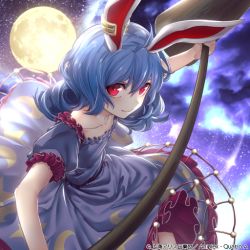Rule 34 | 1girl, animal ears, arikanrobo, blue dress, blue hair, rabbit ears, cloud, collarbone, commentary request, cowboy shot, dress, earclip, full moon, hair between eyes, hammer, holding, holding hammer, kine, leaning forward, light smile, looking at viewer, mallet, medium hair, moon, night, night sky, outdoors, puffy short sleeves, puffy sleeves, raglan sleeves, red eyes, seiran (touhou), short sleeves, sky, solo, star (sky), starry sky, touhou, touhou cannonball, watermark