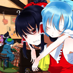 Rule 34 | 4girls, ?, ascot, bad id, bad pixiv id, bed, bedroom, blonde hair, blue eyes, blue hair, blush, bow, cameo, carrying, cirno, clenched teeth, closed eyes, cucumber, face, hair bobbles, hair bow, hair ornament, hakurei reimu, hat, indoors, kawashiro nitori, kirisame marisa, long hair, multiple girls, piggyback, red eyes, shanghai doll, short hair, short twintails, sick, sleeping, slippers, teeth, toad (mario), touhou, twintails, under bed, witch, witch hat, yamada ranga