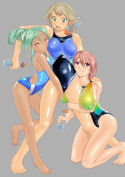 Rule 34 | 3girls, bad id, bad pixiv id, barefoot, blue eyes, breasts, closed eyes, competition swimsuit, cuddling, feet, flat chest, green eyes, green hair, highres, large breasts, leg between thighs, long hair, lotion, multiple girls, one-piece swimsuit, original, ponytail, puffy nipples, red hair, shiny skin, shoko (moccom), short hair, swimsuit, yuri