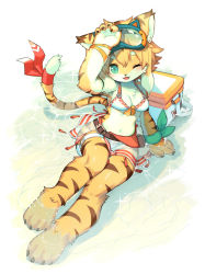 Rule 34 | 1girl, :3, animal ears, animal hands, arm support, arm up, armlet, bangle, bare shoulders, barefoot, beach, belt, bikini, bikini skirt, blonde hair, blue-framed eyewear, blush, box, bracelet, breasts, cat ears, cat tail, claws, cooler, dagger, eyewear on head, fangs, female focus, full body, furry, furry female, goggles, green eyes, green ribbon, happy, highres, jewelry, kishibe, knife, looking at viewer, medium breasts, mia (world flipper), multicolored hair, navel, one eye closed, open mouth, partially submerged, pouch, red ribbon, ribbon, see-through, sheath, sheathed, shiny skin, short hair, sitting, skin fangs, smile, solo, sparkle, stomach, swimsuit, tail, tail ornament, tail ribbon, thigh strap, two-tone hair, water, weapon, white bikini, white hair, wink, world flipper