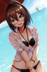 Rule 34 | 1girl, absurdres, bikini, black bikini, blurry, bokeh, bracelet, breasts, brown hair, collarbone, collared shirt, commentary request, depth of field, glasses, green eyes, halterneck, hand on own arm, highres, jewelry, looking at viewer, medium breasts, medium hair, mifuyu (princess connect!), mifuyu (real) (princess connect!), ocean, open mouth, ponytail, princess connect!, red-framed eyewear, shade, shirt, sidelocks, solo, swimsuit, tied shirt, tonelico1213, v-shaped eyebrows, wet, wet clothes, wet shirt, white shirt