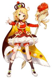 Rule 34 | 1girl, black socks, blonde hair, blush, braid, breasts, brown cape, cape, crown, dress, food, fork, full body, green eyes, grin, highres, holding, holding fork, long sleeves, looking at viewer, medium breasts, mika pikazo, mini crown, multicolored cape, multicolored clothes, official art, original, outstretched arm, oversized object, pasta, red dress, shoes, simple background, smile, socks, solo, spaghetti, standing, v-shaped eyebrows, white background, white footwear, yellow cape