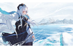 Rule 34 | 1girl, animal ears, arknights, arm at side, bear ears, bear girl, black cape, blue hair, blue ribbon, cape, commentary, commentary request, cowboy shot, english commentary, fur-trimmed shirt, fur trim, highres, hongbaise raw, letterboxed, long hair, mixed-language commentary, mountainous horizon, multicolored hair, ocean, outdoors, red eyes, red hair, ribbon, rosa (arknights), russian commentary, shirt, solo, star (symbol), streaked hair, wavy hair, white hair, white shirt, wind