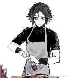 Rule 34 | 1boy, apron, arknights, black hair, black shirt, black wristband, chinese commentary, closed mouth, commentary request, cooking, cowboy shot, grey apron, grey eyes, highres, holding, looking down, male focus, partially colored, pointy ears, shi ai yu zhengyi a, shirt, short hair, short sleeves, simple background, sketch, solo, standing, sweatdrop, watermark, weibo logo, white background, wristband, zuo le (arknights)