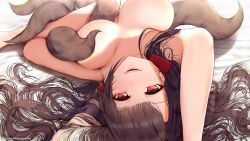 Rule 34 | 1girl, :d, akagi (azur lane), arms up, azur lane, blush, breasts, breasts apart, brown hair, commentary, fox tail, kitsune-neko, large breasts, long hair, looking at viewer, lying, multiple tails, nude, on back, open mouth, red eyes, smile, tail, tail censor